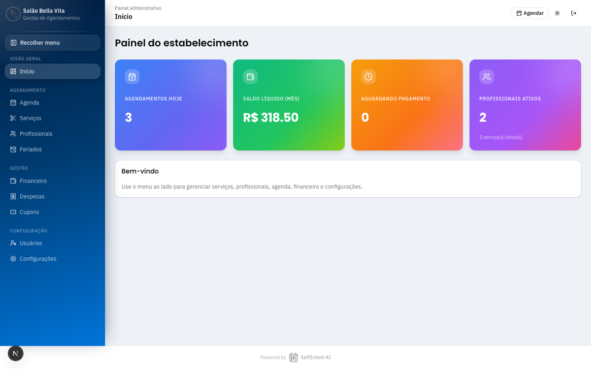 Painel do SelfSched-AI mostrando agendamentos, saldo e profissionais ativos